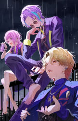  1girl 2boys absurdres bangs_pinned_back bare_legs barefoot black_vest blonde_hair blue_hair blue_suit blurry blurry_background building can drink_can earrings foot_out_of_frame full_body gradient_hair gradient_sky grey_sky grin hand_up highres holding holding_can jewelry kamishiro_rui looking_at_viewer multicolored_hair multiple_boys nail_polish necklace ootori_emu open_mouth orange_eyes orange_hair outdoors pink_eyes pink_hair project_sekai purple_hair purple_shirt purple_sky purple_suit rain shirt sky skyscraper sleeveless sleeveless_shirt smile soda_can solo streaked_hair suit sunglasses tenma_tsukasa upper_body vest wanderlands_k yellow_eyes 