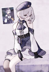  1_hcs 1girl ascot asymmetrical_hair bare_shoulders belt belt_buckle beret black_belt black_gloves blue_ascot blue_hat blue_skirt brooch buckle center_frills closed_mouth collared_shirt detached_sleeves expressionless feet_out_of_frame fishnet_thighhighs fishnets frilled_skirt frilled_thigh_strap frills gloves gold_buckle grey_background grey_eyes grey_hair grey_thighhighs hair_between_eyes hand_on_lap hat high-waist_skirt highres jewelry long_sleeves looking_to_the_side miracle_nikki multiple_belts neck_ribbon nikki_(series) on_rock petticoat pleated_skirt puffy_long_sleeves puffy_sleeves reference_inset ribbon shirt shoulder_belt single_bare_leg single_thighhigh sitting skirt sleeveless sleeveless_shirt solo stylist_(nikki) thigh-highs thigh_belt thigh_strap white_brooch white_shirt white_sleeves wrist_belt yellow_ribbon 