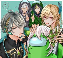  1other 4boys alhaitham_(genshin_impact) among_us animal_ears aqua_eyes black_gloves black_hair black_hood black_shirt blonde_hair cosplay crewmate_(among_us) crewmate_(among_us)_(cosplay) cyno_(genshin_impact) earrings en_(e898n) feather_hair_ornament feathers fingerless_gloves fox_ears genshin_impact gloves green_hair green_hood grey_hair hair_between_eyes hair_ornament hair_over_one_eye highres hood hood_up jewelry kaveh_(genshin_impact) long_hair male_focus multicolored_hair multiple_boys red_eyes shirt short_hair tighnari_(genshin_impact) v white_hair 