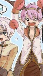  2boys acolyte_(ragnarok_online) arms_up blue_background blue_eyes brown_pants cassock coat commentary_request cowboy_shot crab_claw fake_wings fang gloom_(expression) grey_hair head_wings high_priest_(ragnarok_online) long_sleeves lowres male_focus multicolored_coat multiple_boys oekaki open_mouth pants pointy_ears purple_hair ragnarok_online red_coat short_hair smile spoken_sweatdrop susukinohukurou sweatdrop two-tone_coat variant_set white_coat wings 