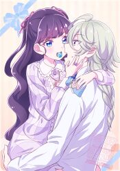  1boy 1girl blue_eyes blunt_bangs blush braid candy collared_shirt delicious_party_precure food frills green_hair hair_ribbon hands_on_another&#039;s_shoulders hetero highres kasai_amane kyoutsuugengo long_hair long_sleeves looking_at_another narcistoru pajamas precure purple_hair purple_pajamas ribbon shirt sitting sitting_on_lap sitting_on_person two_side_up violet_eyes white_shirt 
