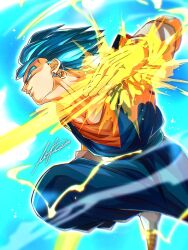  1boy arm_blade blue_background blue_eyes blue_hair blue_pants blue_shirt dougi dragon_ball dragon_ball_super energy_blade gloves highres lafia_db male_focus medium_hair orange_shirt pants shirt simple_background solo spiky_hair super_saiyan super_saiyan_blue vegetto weapon white_gloves 