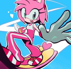 0ni91ri 1girl :d amy_rose amy_rose_(riders) blush dress eyelashes furry furry_female gloves green_eyes hairband hashtag-only_commentary highres hoverboard looking_at_viewer official_alternate_costume open_mouth pants pink_dress pink_fur pink_hair pink_pants red_hairband short_hair sleeveless sleeveless_dress smile solo sonic_(series) sonic_riders sonic_riders_(series) white_gloves