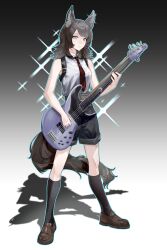  1girl 5-string_bass_guitar absurdres animal_ear_fluff animal_ears bang_dream! bang_dream!_it&#039;s_mygo!!!!! bass_guitar black_hair black_shorts blue_eyes brown_shoes chinese_commentary closed_mouth collared_shirt commentary_request extended_range_bass_guitar full_body glint gradient_background highres holding holding_bass_guitar holding_instrument instrument kemonomimi_mode kneehighs legs_apart loafers looking_at_viewer lueeeee medium_hair necktie outline red_necktie shadow shirt shoes shorts socks solo standing tail white_shirt wolf_ears wolf_girl wolf_tail yahata_umiri yahata_umiri_(moonlight_executioner) 