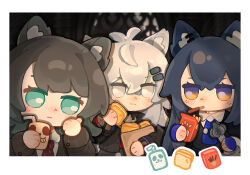  3girls absurdres animal_ear_fluff animal_ears arknights bang_dream! bang_dream!_it&#039;s_mygo!!!!! black_hair black_jacket blue_eyes border chibi chibi_only chinese_commentary closed_mouth commentary_request crossover food food_in_mouth grey_eyes grey_hair hair_between_eyes hair_ornament hairclip highres holding holding_food holding_pocky jacket juice_box kemonomimi_mode lappland_(arknights) liu_chong_luan long_hair long_sleeves looking_at_viewer medium_hair multiple_girls pocky pocky_in_mouth smile texas_(arknights) white_border wolf_ears wolf_girl yahata_umiri yahata_umiri_(moonlight_executioner) 