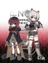  2girls absurdres animal_ears armored_boots armored_gloves belt black_background black_coat black_shirt blue_eyes boots cape closed_mouth coat commentary_request crinoline girls_band_cry girls_band_cry_rpg gradient_background grey_eyes grey_hair habsida_(habsida_hpy) halo hand_on_own_hip highres holding holding_sword holding_weapon iseri_nina jewelry kawaragi_momoka kemonomimi_mode looking_at_viewer multiple_belts multiple_girls necklace red_background red_cape red_hair shirt short_twintails spiky_hair sword tail thigh_strap tooth_necklace translation_request twintails watermark weapon white_background wolf_ears wolf_girl wolf_tail 