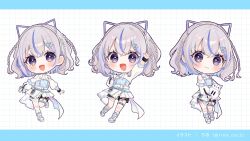  1girl :3 :d animal_ear_hairband animal_ears artist_name black_shorts blue_hair blue_shirt blush braid cat_ear_hairband cat_ears chibi chibi_only closed_mouth colored_inner_hair commentary_request english_commentary fake_animal_ears full_body grey_hair grid hair_ornament hairband hairclip highres holding iriam miria_(iriam) mixed-language_commentary multicolored_hair multiple_views official_art open_mouth rino_cnc second-party_source shirasu_(iriam) shirt shoes shorts shorts_under_skirt shrug_(clothing) skirt smile socks streaked_hair triangle_hair_ornament twitter_username violet_eyes white_shoes white_shrug white_skirt white_socks 