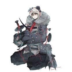  1girl animal_ears bear_claws bear_ears black_pants blood blood_on_face blue_eyes claws coat e.g.o_(project_moon) faust_(project_moon) full_body fur-trimmed_coat fur_trim grey_coat grey_shirt hex_nail_(e.g.o) highres holding holding_nail limbus_company looking_at_viewer luoyerrrrr nail_(hardware) nail_hair_ornament necktie pants paw_sleeves project_moon red_necktie red_yarn shirt short_hair simple_background sitting solo stitches white_background white_hair 
