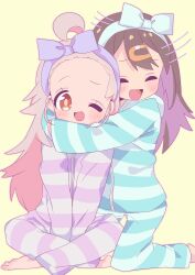  2girls :d ;d ^_^ bangs_pinned_back barefoot black_hair blush brown_eyes closed_eyes commentary_request forehead hair_down hair_ornament hairband hairclip highres hug kneeling long_hair long_sleeves mochitsuki_kagami motion_lines multiple_girls one_eye_closed onii-chan_wa_oshimai! open_mouth oyama_mahiro oyama_mihari pajama_pants pajamas pink_hair purple_hair siblings simple_background sisters sitting smile striped_clothes striped_pajamas yellow_background 