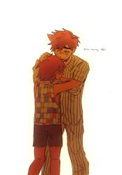  2boys aged_down antenna_hair bare_arms bare_shoulders black_shorts brothers brown_hair character_name checkered_clothes checkered_shirt chromatic_aberration clenched_teeth closed_eyes collared_shirt crying dark-skinned_male dark_skin english_text feet_out_of_frame film_grain grey_pants grey_shirt hair_behind_ear hair_between_eyes hand_on_another&#039;s_head hashtag-only_commentary hero_(faraway)_(omori) hero_(omori) highres hug kel_(faraway)_(omori) kel_(omori) long_sleeves lyuz_(justtoseemeplea) male_focus multiple_boys omori outline pajamas pants profile raised_inner_eyebrows shirt short_hair shorts siblings simple_background sleeveless sleeveless_shirt standing striped_clothes striped_pajamas striped_pants striped_shirt teeth two-tone_pants two-tone_shirt u_u vertical-striped_clothes vertical-striped_pajamas vertical-striped_pants vertical-striped_shirt very_short_hair white_background white_pants white_shirt yellow_outline 