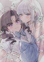  2boys absurdres animal_ears ayase_ayato_(imamiya_pinoko) black_hair blue_eyes braid crossdressing crossdressing_(mtf) drill_hair flying_sweatdrops highres hirakawa_mahiru_(imamiya_pinoko) hug imamiya_pinoko long_hair male_playboy_bunny multiple_boys musical_note original playboy_bunny rabbit_ears spoken_musical_note thick_eyebrows trap twin_braids twin_drills violet_eyes white_hair 