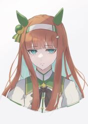  1girl animal_ears aqua_eyes black_bow black_bowtie blunt_bangs bow bowtie ear_covers expressionless hairband highres hime_cut horse_ears horse_girl long_hair looking_at_viewer orange_hair ponimeri sidelocks silence_suzuka_(umamusume) simple_background solo umamusume white_background white_hairband 