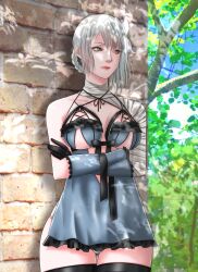  1girl absurdres bandaged_arm bandaged_leg bandaged_neck bandages black_gloves braid breasts flower gloves hair_flower hair_ornament highres kaine_(nier) large_breasts lingerie negligee nier_(series) nier_reincarnation non-web_source panties short_hair solo underwear weapon white_hair 