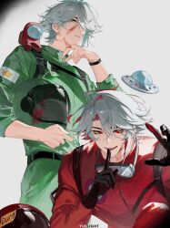  2boys absurdres alhaitham_(genshin_impact) among_us aqua_eyes aqua_hair black_gloves bodysuit cosplay crewmate_(among_us) crewmate_(among_us)_(cosplay) genshin_impact gloves goggles goggles_around_neck green_bodysuit grey_hair hair_between_eyes hair_over_one_eye helmet highres holding holding_unworn_helmet long_sleeves male_focus multicolored_hair multiple_boys open_mouth red_bodysuit red_eyes red_hair short_hair smile ufo unworn_headwear unworn_helmet yuelight 