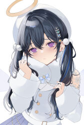  1girl absurdres beret black_hair blue_hair blush clothing_cutout coat commentary_request fur_collar fur_scarf fur_trim hair_ornament hat highres hinakisara ichinose_uruha long_hair long_sleeves looking_at_viewer low_twintails lupinus_virtual_games multicolored_hair pom_pom_(clothes) pom_pom_hair_ornament shoulder_cutout simple_background solo streaked_hair twintails upper_body violet_eyes virtual_youtuber vspo! white_background white_coat 