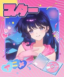  1girl blue_eyes blue_hair blush cd cd_case commentary confetti diamond_earrings earrings glint gloves heart highres ichisaku jewelry long_hair looking_at_viewer lynn_minmay macross pink_gloves single_drill smile solo upper_body 