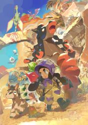  1boy 1girl alolan_diglett antennae basket bird black_boots black_hair blonde_hair bonnet boots brown_jumpsuit daikon dark-skinned_female dark_skin desert e_volution fearow flygon flying full_body gloves golurk grass grey_eyes grey_gloves hakamo-o hapu_(pokemon) hat highres holding holding_basket holding_hoe horse jumpsuit long_hair long_sidelocks looking_to_the_side mesa mohn_(pokemon) mudbray mudsdale outdoors parted_lips pokemon pokemon_(creature) pokemon_sm potato purple_bonnet radish red_shorts rufflet short_hair shorts sidelocks sleeping straw_hat tank_top thick_eyebrows tree walking white_tank_top 