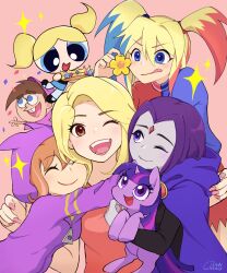1boy 6+girls ;d animification barbara_gordon blonde_hair bubbles_(ppg) cartoon_network commentary crossover crown dc_comics dc_super_hero_girls english_commentary english_text flower forehead_jewel group_hug happy_birthday harley_quinn hasbro highres hood hoodie horns hug looking_at_viewer multicolored_hair multiple_girls my_little_pony my_little_pony:_friendship_is_magic nelvana nickelodeon one_eye_closed open_mouth orange_hair powerpuff_girls purple_hair raven_(dc) real_life single_horn smile tara_strong teen_titans textless_version the_fairly_oddparents timmy_turner tongue tongue_out toon_(style) twilight_sparkle twintails two-tone_hair unicorn urucra viacom voice_actor_connection warner_bros.