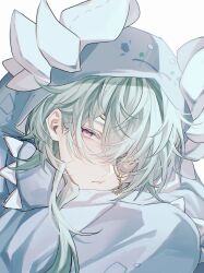  1boy absurdres anaxa_(honkai:_star_rail) anaxa_(whatsamatta)_(honkai:_star_rail) animal_costume animal_hood blue_eyes blue_hood blue_pajamas chain cheek_squash close-up eyepatch fz7047 green_hair hair_between_eyes half-closed_eye highres honkai:_star_rail honkai_(series) hood hood_up hooded_pajamas messy_hair multicolored_eyes one_eye_covered onesie pajamas pink_eyes pink_pupils simple_background solo two-tone_eyes white_background 