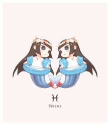  :&lt; bare_shoulders black_hair blush brown_background chibi closed_mouth dress grey_eyes highres inflatable_armbands innertube kozato_(yu_kozato) long_hair mermaid monster_girl monsterification original pisces_(symbol) pisces_(zodiac) seashell shell siblings simple_background sisters sleeveless sleeveless_dress starfish swim_ring twins very_long_hair white_dress zodiac 