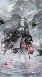  1girl absurdres ammunition_belt arknights bird black_bird black_gloves blood blood_on_weapon closed_mouth clouds cloudy_sky commentary cross cross_earrings cross_scar dress earrings english_commentary front-seamed_legwear fudepenbrushpen gloves gradient_hair grey_dress grey_eyes grey_hair head_wings highres holding holding_lantern holding_sword holding_weapon irene_(arknights) jewelry lantern long_hair looking_at_viewer multicolored_hair outdoors pantyhose rain rapier scar scar_across_eye scar_on_face seamed_legwear sky solo sword weapon white_pantyhose wings 