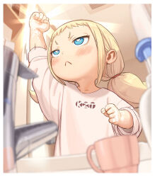  1girl :&lt; arm_up bathroom blonde_hair blue_eyes blurry blurry_foreground blush clenched_hand closed_mouth commentary_request cup depth_of_field faucet indoors kozato_(yu_kozato) little_blonde_girl_(kozato) long_sleeves low_twintails mug original shirt short_eyebrows soap_bubbles solo thick_eyebrows twintails upper_body v-shaped_eyebrows white_shirt 