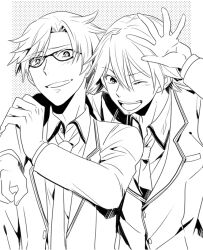  2boys blush chaos;child glasses hekiho_academy_school_uniform ikuhashi_muiko itou_shinji_(chaos;child) jacket long_sleeves male_focus miyashiro_takuru monochrome multiple_boys necktie open_mouth school_uniform science_adventure short_hair smile upper_body 