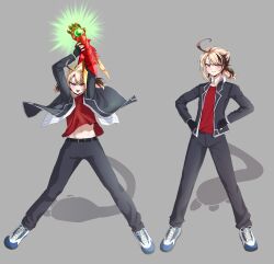  1girl absurdres ahoge blonde_hair boosted_gear brasileiroo brown_hair contrapposto cosplay fingerless_gloves gauntlets gigi_murin gloves high_school_dxd highres hololive hololive_english hyoudou_issei hyoudou_issei_(cosplay) kuoh_academy_school_uniform long_hair looking_at_viewer multicolored_hair open_mouth pink_eyes school_uniform shirt shoes short_hair simple_background smile sneakers solo tail twintails two-tone_hair virtual_youtuber 