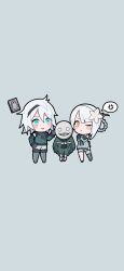  1girl 2boys ;| absurdres anger_vein aqua_eyes asymmetrical_bangs asymmetrical_hair bandaged_arm bandaged_leg bandages black_scarf blush_stickers book braid braided_hair_rings brown_eyes chibi chibi_only commentary_request crossed_arms emil_(nier) floating floating_book floating_object flower full_body grey_background grimoire_weiss hair_flower hair_ornament hair_rings highres ikooto111 kaine_(nier) lunar_tear multiple_boys nier nier_(brother) nier_(series) one_eye_closed scarf simple_background spoken_anger_vein thigh_strap white_flower white_hair yonah 