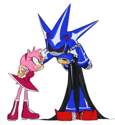  1boy 1girl amy_rose angry cheek_pinching colored_sclera dress furry furry_female gloves hand_on_own_hip hanibananeez height_difference highres humanoid_robot leaning_forward looking_at_viewer looking_to_the_side metal_sonic neo_metal_sonic open_mouth pinching red_dress red_eyes robot sonic_(series) sonic_heroes white_background 