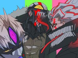  3boys abs chompsta coat dandadan ear_piercing english_commentary enjoji_jin evil_eye_(dandadan) from_side fur-trimmed_coat fur_trim gakuran grey_hair highres long_tongue looking_at_viewer male_focus mask mouth_mask multicolored_hair multiple_boys open_clothes open_coat open_mouth pectorals piercing possessed red_eyes red_hair school_uniform sharp_teeth short_hair takakura_ken_(dandadan) takakura_ken_(transformed)_(dandadan) teeth third_eye tongue tongue_out transformation two-tone_hair upper_body very_short_hair yellow_eyes zuma_unji 