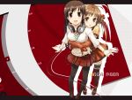  2girls ahoge arms_around_waist artist_request belt black_hair black_legwear blush bracelet brown_eyes brown_hair character_request detached_sleeves directional_arrow garters grin hair_bow happy head_on_shoulder headphones headphones_around_neck highres hug hug_from_behind legs lingerie loafers long_hair looking_at_viewer multiple_girls open_mouth orda original outstretched_arms pantyhose pigeon-toed plaid plaid_skirt red_eyes school_uniform shirt_lift shoes skirt smile source_request spread_arms standing surprised thigh-highs thighhighs twintails wallpaper white_shirt 
