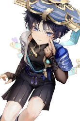  1boy anemo_symbol_(genshin_impact) aqua_gemstone aqua_kimono arm_at_side armor belt black_belt black_bodysuit black_bow black_hair black_shorts blue_cape blue_hat blunt_ends bodysuit bow bridal_gauntlets brown_bridal_gauntlets cape choppy_bangs covered_collarbone eyelashes eyeliner eyeshadow feathers finger_to_eye gem genshin_impact gold gold_ring hakama hakama_shorts hand_up hat highres japanese_armor japanese_clothes jingasa juban kimono kote kurokote light_blush looking_at_viewer looking_up makeup male_focus middle_ring open_clothes open_kimono parted_lips pleated_shorts pom_pom_(clothes) purple_rope purple_sash red_eyeliner red_eyeshadow rope sahi00000 sash scaramouche_(genshin_impact) short_sleeves shorts shoulder_peek sitting smile solo tassel tsurime violet_eyes wanderer_(genshin_impact) white_background white_kimono white_mouth white_sleeves white_trim yellow_feathers 