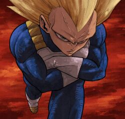  1boy armor blonde_hair blue_bodysuit bodysuit crossed_arms dragon_ball dragon_ball_daima green_eyes highres looking_at_viewer male_focus matsui_rin midair no_eyebrows saiyan_armor solo spiky_hair super_saiyan super_saiyan_3 vegeta veins white_armor 