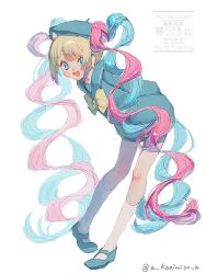  1girl :d a_kanimiso_a arms_behind_back beret blonde_hair blue_eyes blue_hair blue_hat blue_hoodie blue_sailor_collar blue_sandals blunt_bangs chest_bow chouzetsusaikawa_tenshi-chan colored_tips full_body hat highres hood hoodie leaning_forward looking_at_viewer multicolored_hair needy_girl_overdose official_alternate_costume oversized_clothes pigeon-toed pink_hair quad_tails sailor_collar sandals sidelocks smile solo 