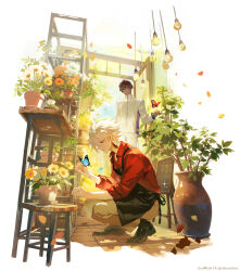  2boys arjuna_(fate) black_hair bug butterfly dark-skinned_male dark_skin earrings fate/grand_order fate_(series) flower highres indian_clothes jewelry karna_(fate) male_focus multiple_boys newstarbegin plant white_hair 