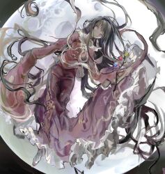  1girl branch closed_mouth full_body full_moon highres hime_cut houraisan_kaguya jeweled_branch_of_hourai kaguya_day long_hair looking_at_viewer moon moon_background pink_eyes pink_shirt red_skirt sesmkun shirt skirt smile socks solo touhou very_long_hair very_long_sleeves white_socks 