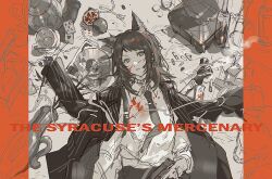  1girl animal_ears arknights bang_dream! bang_dream!_it&#039;s_mygo!!!!! blood blood_on_clothes blood_on_face card chinese_commentary collared_shirt commentary_request food fruit gun highres jacket kemonomimi_mode looking_at_viewer lying medium_hair monochrome necktie on_back parted_lips playing_card pomegranate qua_zhi_jingbao_wajue_ji revision shirt solo spot_color watermark weapon wolf_ears wolf_girl yahata_umiri yahata_umiri_(moonlight_executioner) 