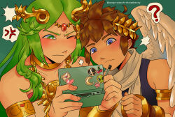 1boy 1girl 3ds ? absurdres ahoge angel angel_wings anger_vein blue_eyes brown_hair chain circlet collarbone gold_chain green_background green_eyes green_hair handheld_game_console heart highres holding holding_handheld_game_console holding_stylus kid_icarus kid_icarus_uprising kid_icarus_uprising_tutorial_redraw_(meme) laurel_crown mango-peach-strawberry meme nintendo_3ds one_eye_closed palutena pit_(kid_icarus) sticker stylus super_smash_bros. super_smash_bros._logo tumblr_username wings