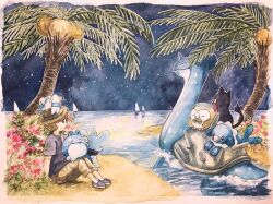  1boy boat brown_hair brown_hat closed_eyes elio_(pokemon) flower hat highres holding holding_pokemon litten male_focus mint_nappa night ocean outdoors painting_(medium) palm_tree pink_flower pokemon pokemon_(creature) pokemon_sm popplio riding riding_pokemon river rowlet sailboat shinx shorts sitting smile spheal star_(sky) starter_pokemon_trio traditional_media tree tropical watercolor_(medium) watercraft wingull 