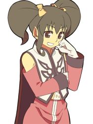  1girl anime_coloring anise_tatlin archived_source bandai_namco bare_shoulders belt black_eyes black_hair black_outline black_sleeve_cuffs black_trim coat cowboy_shot curly_sidelocks detached_sleeves gloves hair_between_eyes hair_ribbon hand_on_own_cheek hand_on_own_face high_collar itsumo_nokoru long_hair long_sidelocks looking_at_viewer medium_hair nose outline popped_collar red_sleeves red_surcoat ribbon sidelocks simple_background sleeve_cuffs solo surcoat tales_of_(series) tales_of_the_abyss teeth thick_outlines twintails wavy_ends white_background white_coat white_gloves yellow_belt yellow_ribbon 