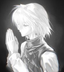  1boy black_vest capelet dark_background earrings eyelashes gradient_background greyscale high_collar highres hunter_x_hunter jewelry kurapika male_focus monochrome mountain_fire own_hands_together pale_skin praying shirt sleeveless spiky_hair surcoat tabard vest white_hair white_shirt 