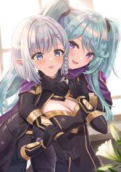  2girls absurdres beta_(kage_no_jitsuryokusha_ni_naritakute!) blue_eyes blue_hair blush elf epsilon_(kage_no_jitsuryokusha_ni_naritakute!) flower highres kage_no_jitsuryokusha_ni_naritakute! long_hair matsumoto_yuu multiple_girls pointy_ears violet_eyes white_hair 