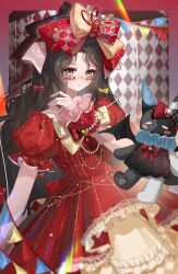  1girl :o absurdres argyle_bow argyle_bowtie argyle_clothes bead_bracelet bead_necklace beads black_hair border bow bowtie bracelet brown_eyes checkered_background checkered_bow checkered_clothes cowboy_shot crimson_rhapsody_(infinity_nikki) dress esseling_(infinity_nikki) eyelashes facepaint felispirit_sack_(infinity_nikki) frilled_dress frilled_sleeves frilled_wrist_cuffs frills garland_(decoration) gown hair_bow hair_ribbon hand_on_own_shoulder highres hime_lolita infinity_nikki jewelry lace-trimmed_dress lace_trim layered_dress light_blush light_particles lolita_fashion long_hair looking_ahead multiple_hair_bows necklace nikki_(series) off-shoulder_dress off_shoulder outside_border parted_lips puffy_short_sleeves puffy_sleeves red_background red_border red_bow red_bowtie red_dress red_ribbon red_wrist_cuffs ribbon shadow short_sleeves sidelocks solo two-tone_bow two-tone_ribbon very_long_hair wavy_hair wrist_cuffs xinjinjumin388925569805 yellow_bow yellow_bowtie yellow_dress yellow_ribbon 