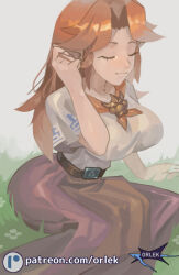  1girl aged_up belt breasts brown_hair hand_up large_breasts long_hair long_skirt malon neckerchief orlek parted_bangs pointy_ears purple_skirt short_sleeves skirt smile the_legend_of_zelda the_legend_of_zelda:_ocarina_of_time 