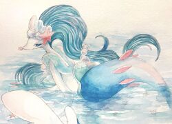  blue_eyes commentary_request highres mint_nappa painting_(medium) paper_texture pokemon pokemon_(creature) primarina smile solo star_(symbol) traditional_media water watercolor_(medium) 