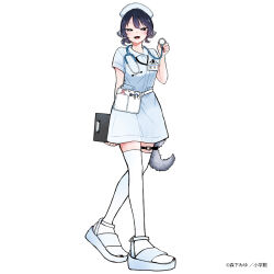  1girl animal_ears black_eyes black_hair blue_dress blue_hat bright_pupils clipboard commentary_request copyright_notice dress fangs full_body hat heel_up highres holding holding_clipboard holding_stethoscope large_feet looking_at_viewer mota2yanen name_tag nurse nurse_cap ogami_tsumiki ogami_tsumiki_to_ki_nichijou open_mouth sandals second-party_source simple_background smile solo standing stethoscope stethoscope_around_neck tail thigh-highs thigh_strap white_background white_bag white_pupils white_sandals white_thighhighs wolf_ears wolf_girl wolf_tail 