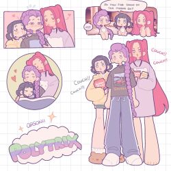  3girls arsoniii black_hair braid braided_ponytail double_bun dutch_braided_ponytail english_text hair_bun heart highres huntrix kpop_demon_hunters mira_(kpop_demon_hunters) multiple_girls o3o pajamas pink_hair polyamory purple_hair rumi_(kpop_demon_hunters) short_bangs yuri zoey_(kpop_demon_hunters) 