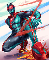  1boy armor black_bodysuit bodysuit compound_eyes green_armor highres huujyu kamen_rider kamen_rider_zeztz kamen_rider_zeztz_(series) male_focus red_eyes solo tokusatsu twitter_username 
