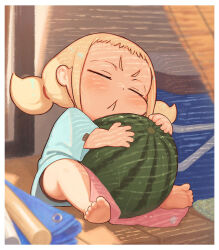  1girl :&lt; barefoot blonde_hair blue_shirt closed_eyes closed_mouth commentary_request cooler food fruit kozato_(yu_kozato) little_blonde_girl_(kozato) original shirt short_eyebrows short_sleeves short_twintails sitting soles solo thick_eyebrows twintails v-shaped_eyebrows water_drop watermelon wide_sleeves 